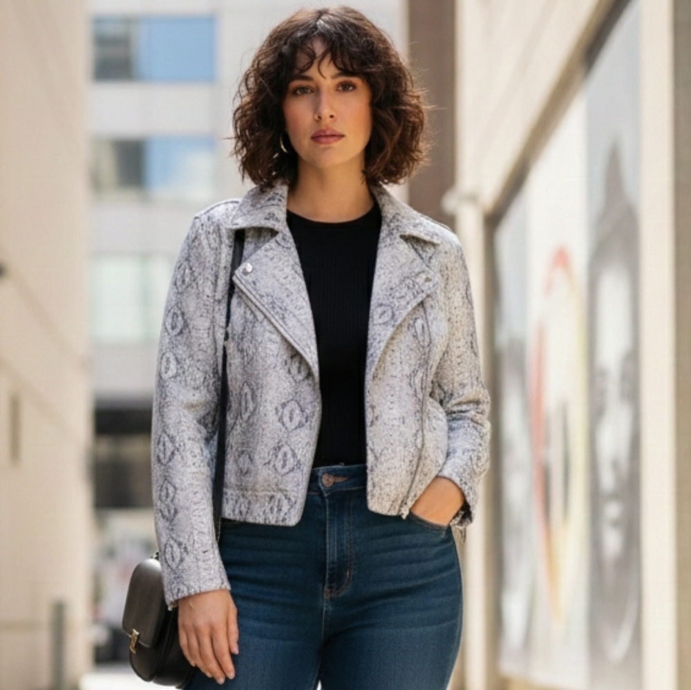 Adyson Parker Snakeskin Print Moto Jacket - Grey/White - Size 1X